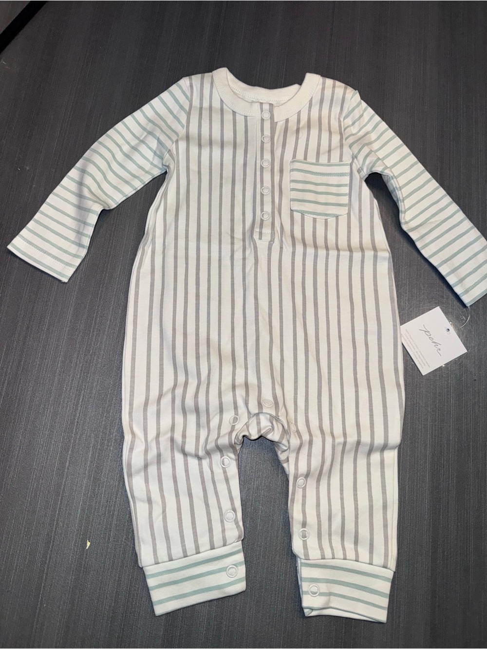 New Pehr 3-6M Striped Long Sleeve Baby Onesie - Cream with Mint Stripes